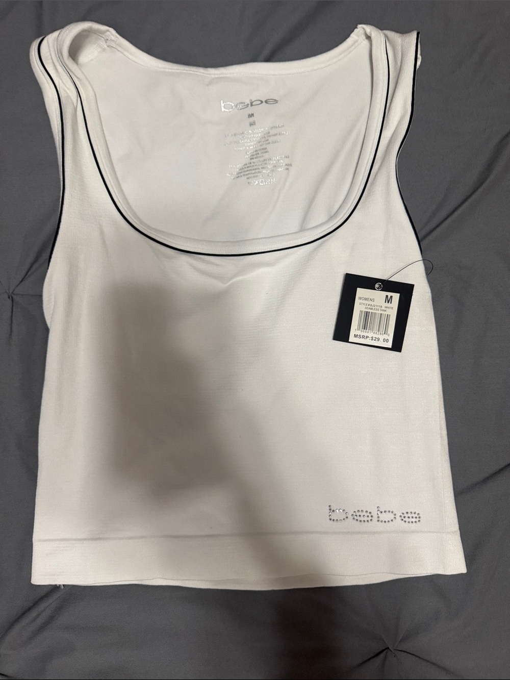 bebe White Crop Tank with Black Trim and Rhinestone Logo